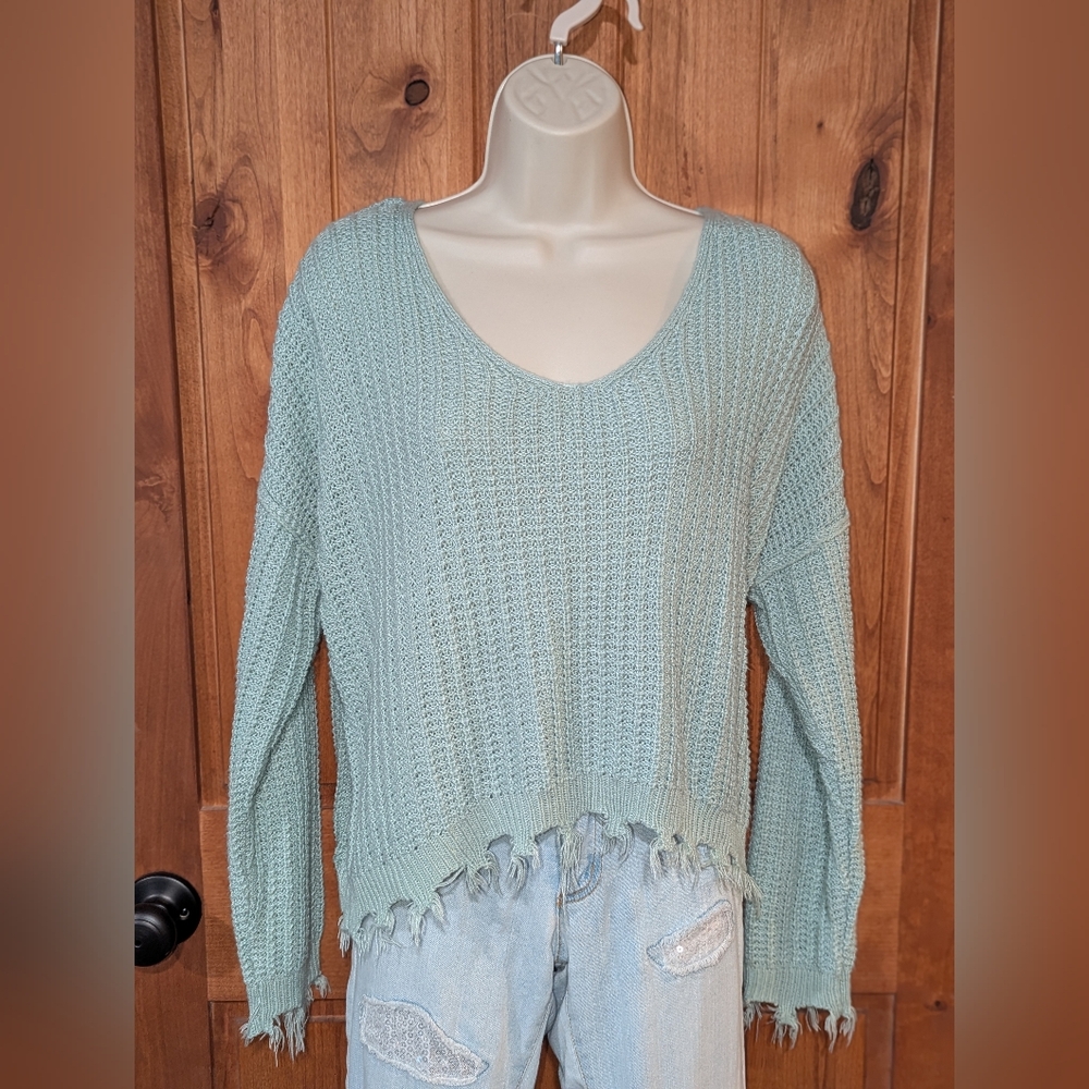Freshman Light‎ Green V-Neck Distressed Sweater